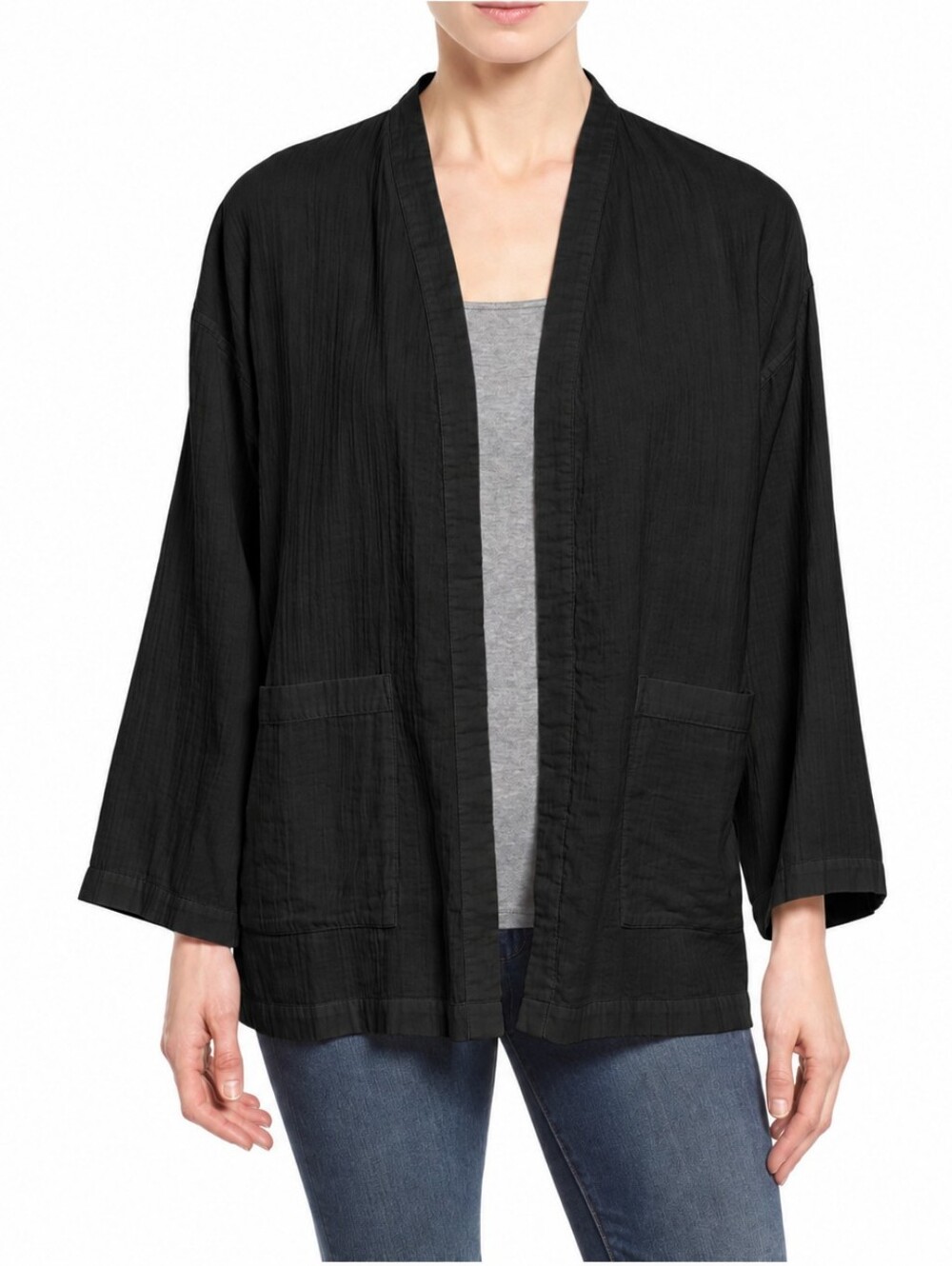 Eileen Fisher Black Organic Cotton Gauze Boxy Long Jacket M Minimalist